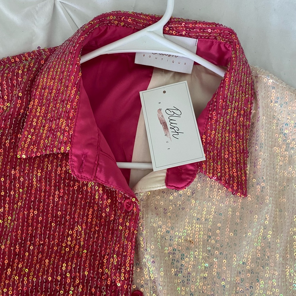 Blush Boutique Sequin Button up Top in Pink and Cream - Picture 7 of 7